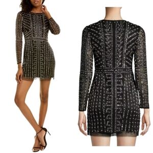 AIDAN by Aidan Mattox Mini Black Cocktail Dress Beaded Faux Pearl Long Sleeve